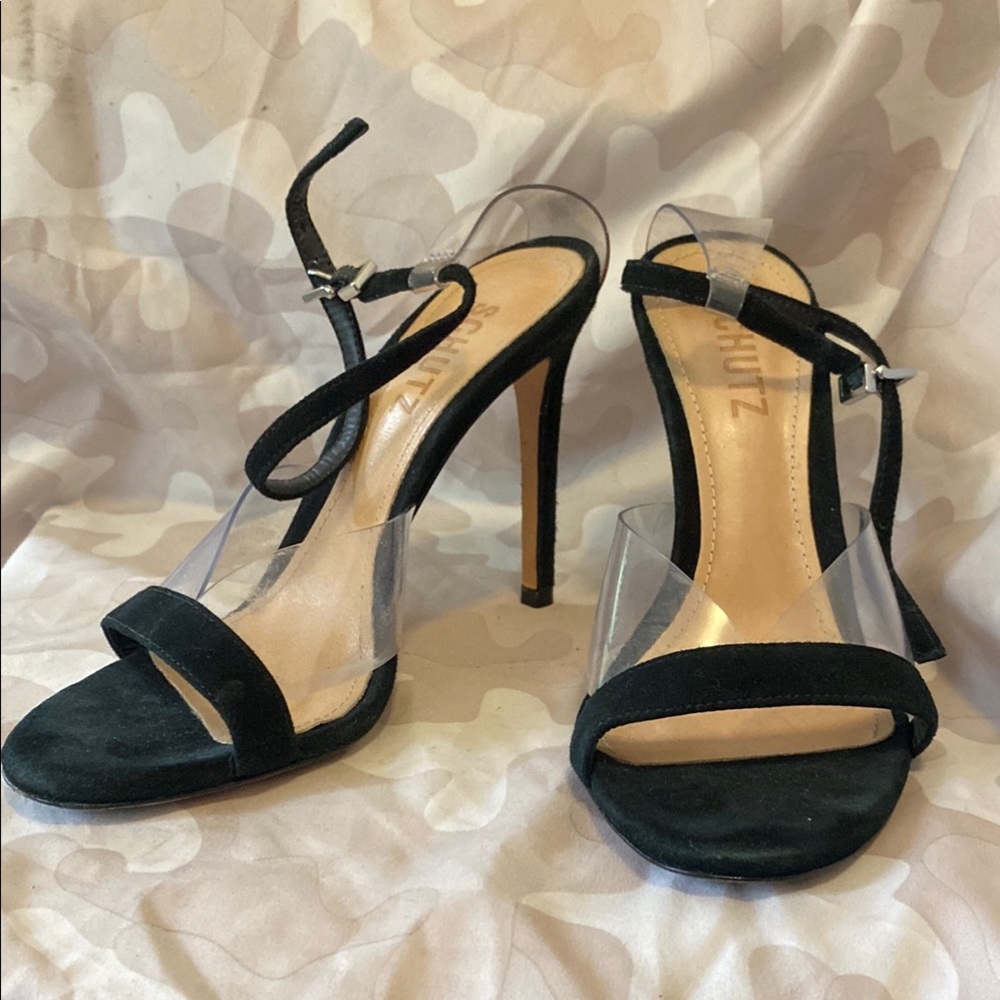 SCHUTZ Black and Transparent Strap Heels